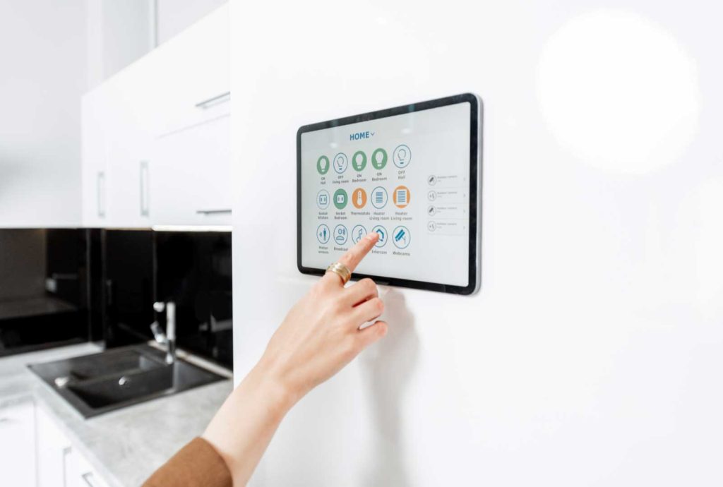 Smart thermostat wall control panel in modern home in Elgin IL